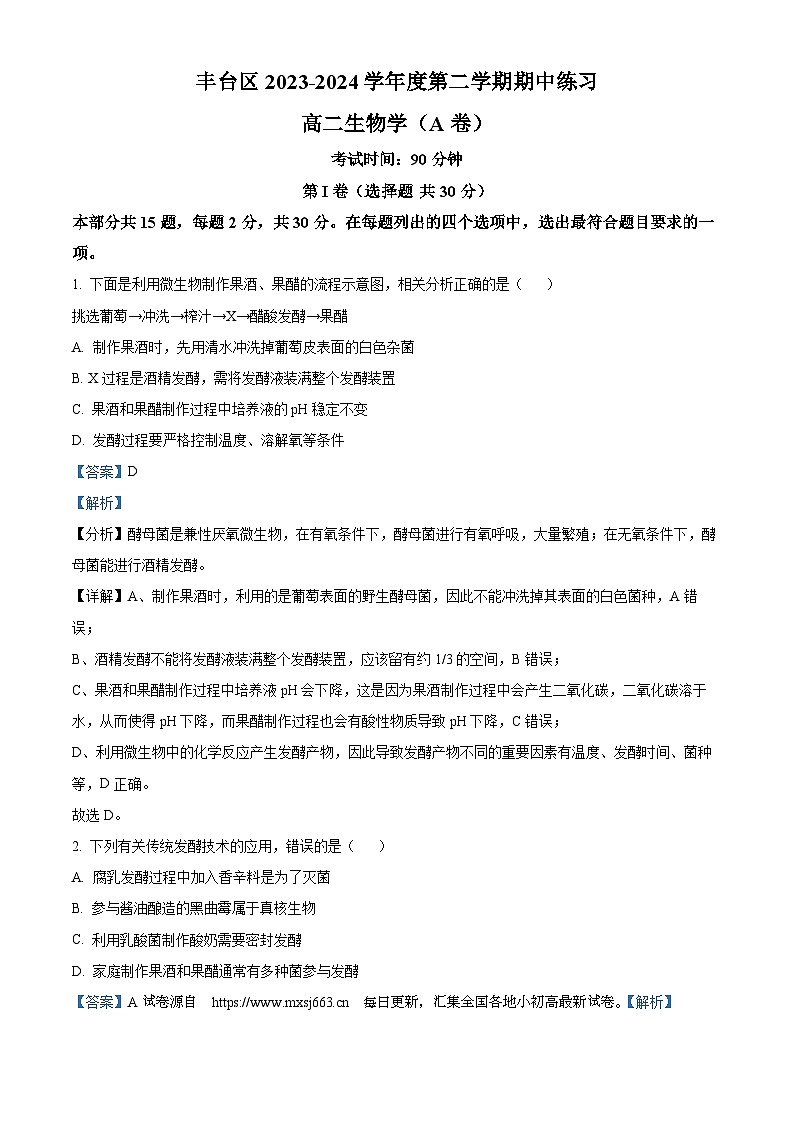 31,北京市丰台区2023—2024学高二下学期期中考试生物试题第1页