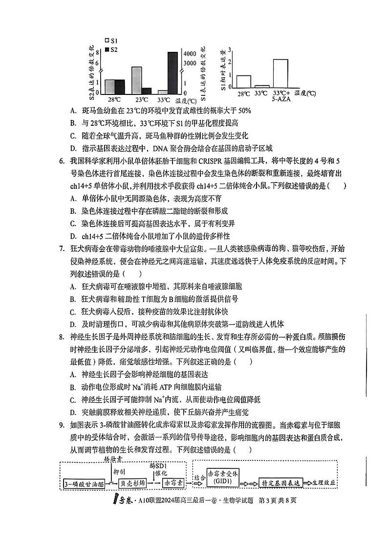 安徽省1号卷A10联盟2024届高三最后一卷生物试题(附参考答案)03