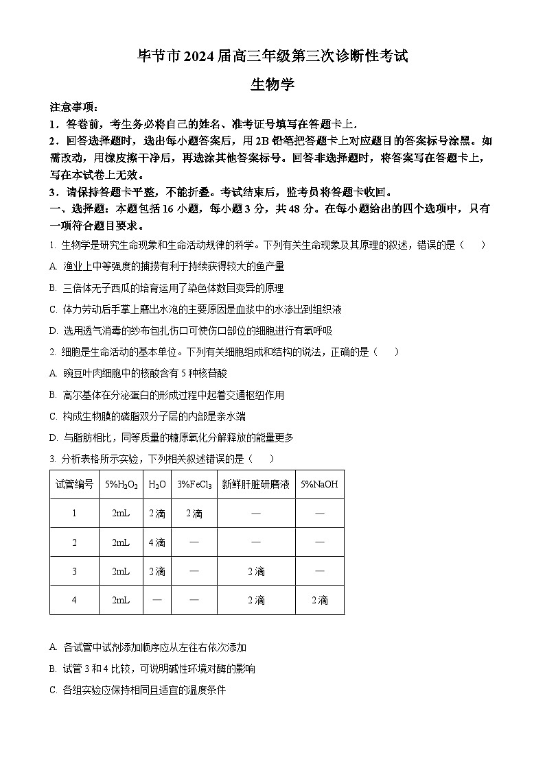 2024届贵州省毕节市高三下学期三模生物试题(原卷版)第1页