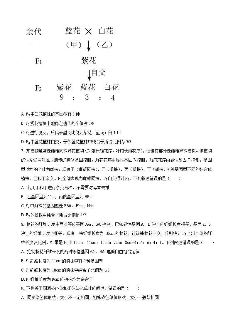 黑龙江省鸡西市鸡冠区第一中学2023-2024年高一下学期期中考试(十校联考)生物试题(原卷版)第3页