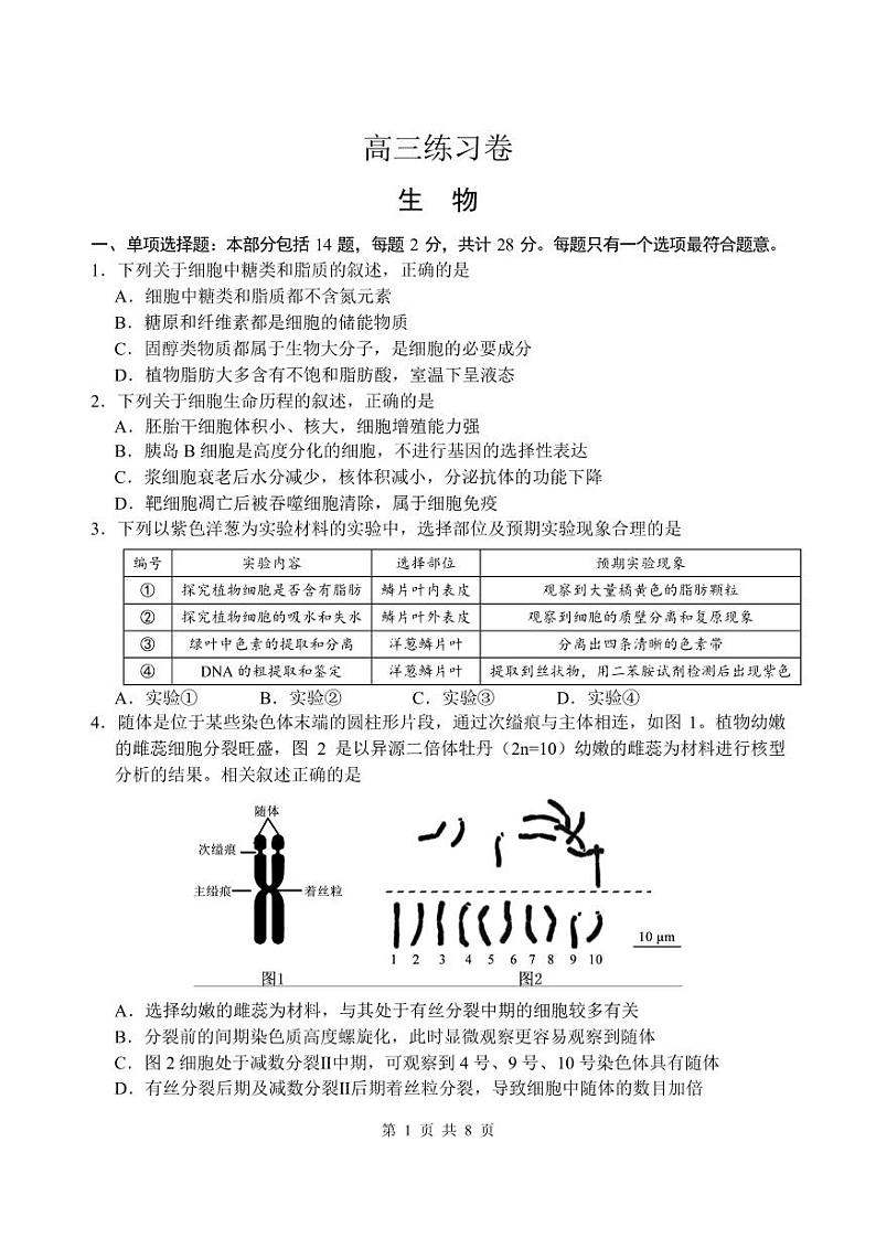 2023年江苏省南通市高三考前练习卷生物试卷(含答案)第1页