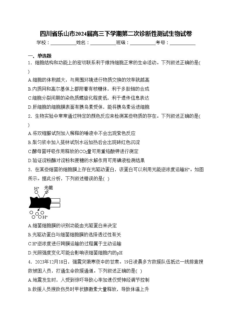 四川省乐山市2024届高三下学期第二次诊断性测试生物试卷(含答案)第1页