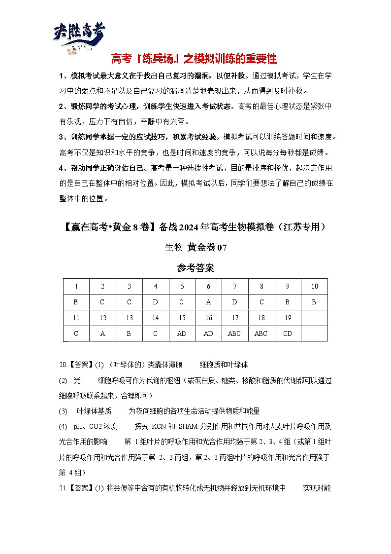 模擬卷07（參考答案）-【贏在高考·臨考模擬】備戰(zhàn)2024年高考生物模擬卷（江蘇專用）第1頁(yè)