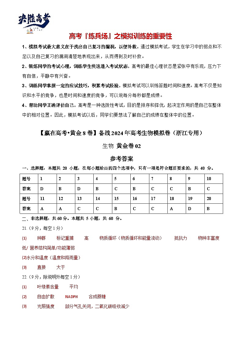 模拟卷02(参考答案)-【赢在高考·临考模拟】备战2024年高考生物模拟卷(浙江专用)第1页