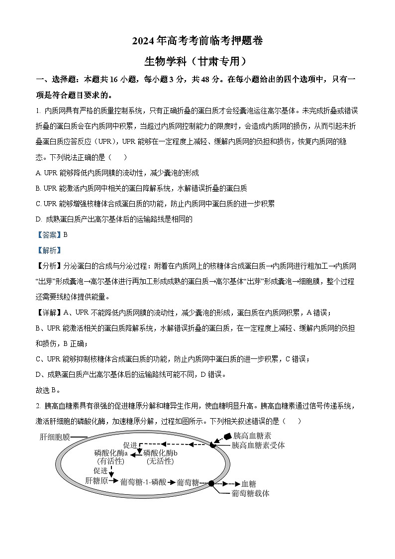 2024届甘肃省白银市靖远县第二中学高三下学期模拟预测生物试题(教师版)第1页
