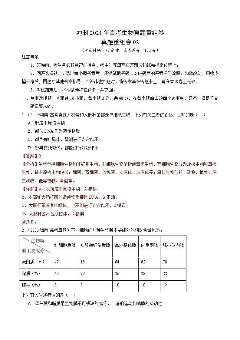 冲刺2024年高考生物-真题重组卷02(贵州、安徽、甘肃专用)(原卷版+解析版)01