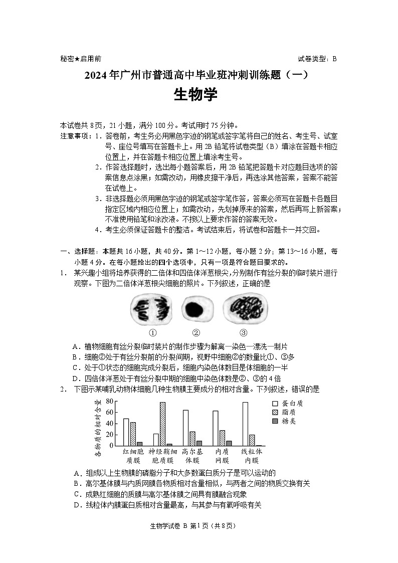 2024年广州市普通高中毕业班冲刺训练(一)-生物学第1页