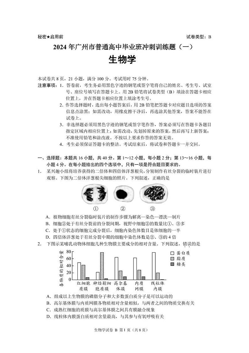 2024年广州市普通高中毕业班冲刺训练(一)-生物学第1页