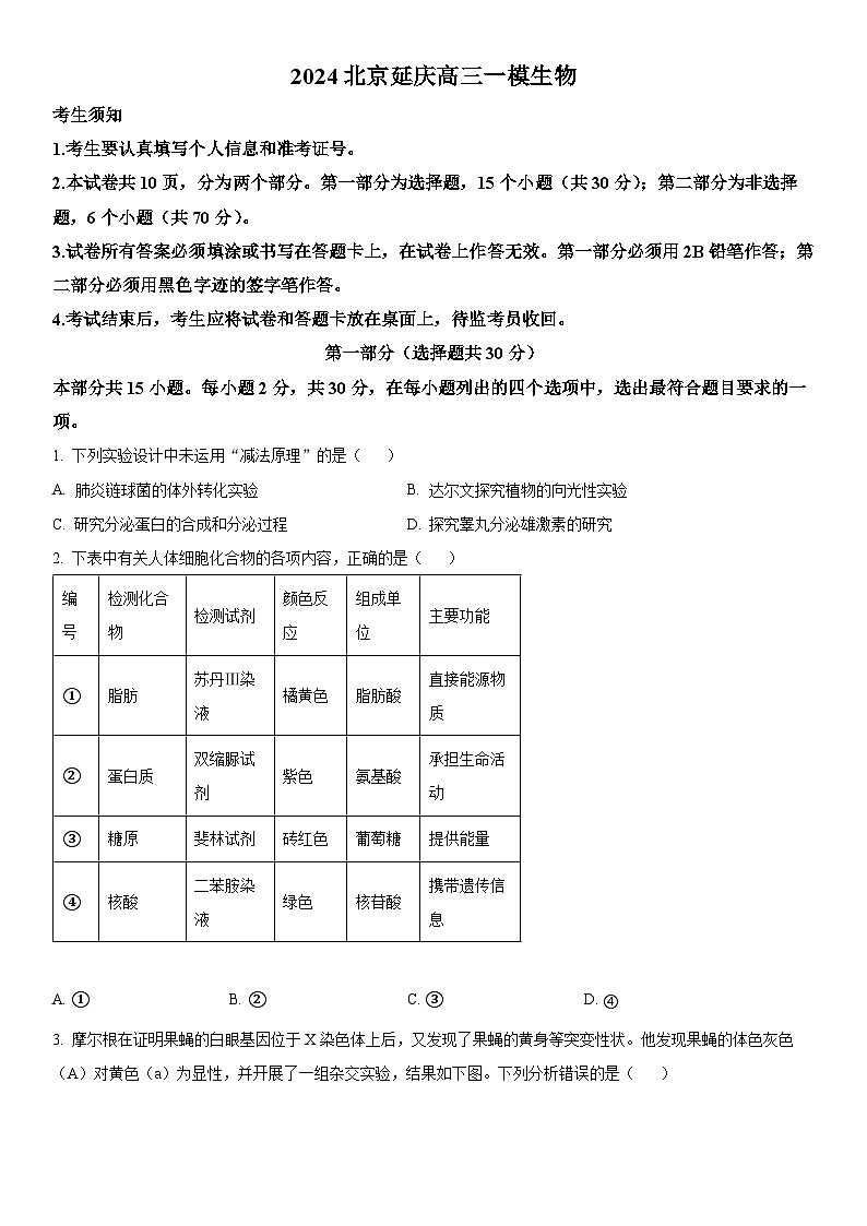2024年北京市延庆区高三下学期高考一模生物试卷含详解01