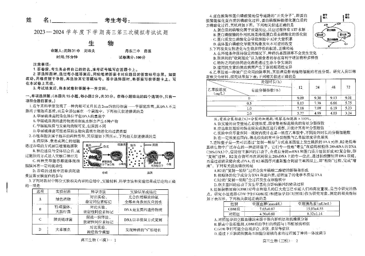 辽宁省部分高中2023-2024学年高三下学期5月期中生物试题