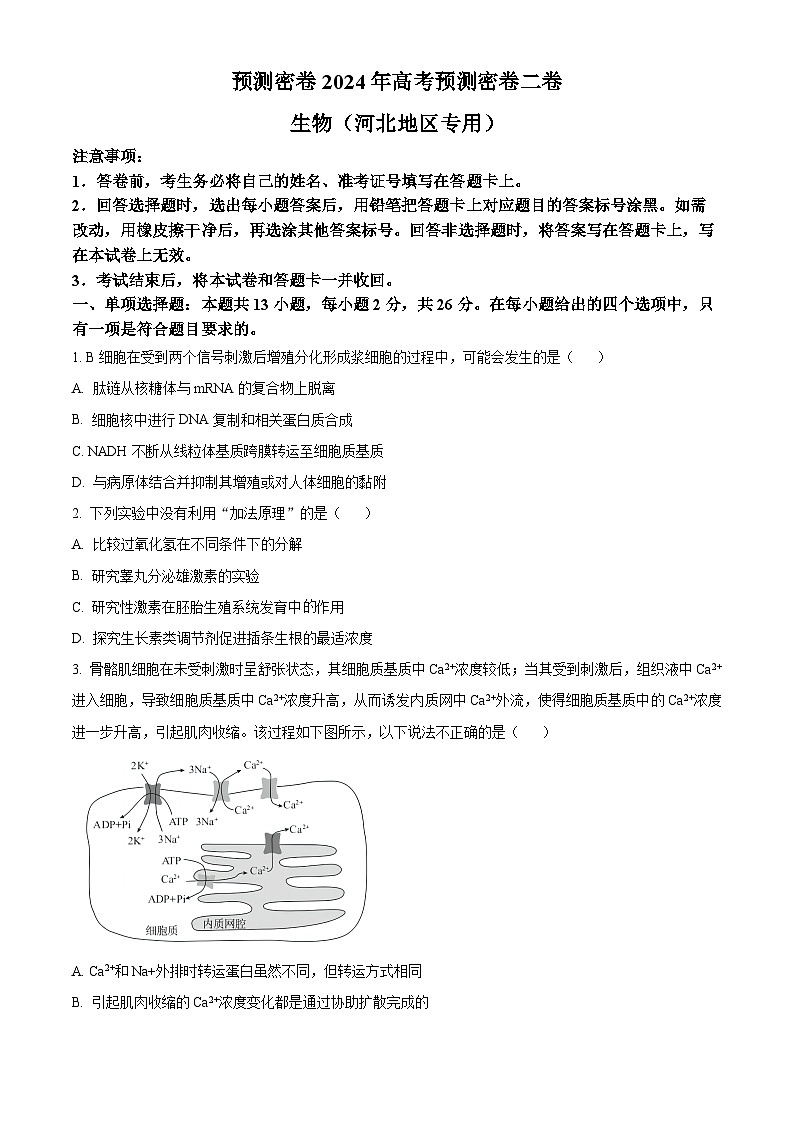 2024届河北省沧州市沧县中学高三三模生物试题(原卷版+解析版)01