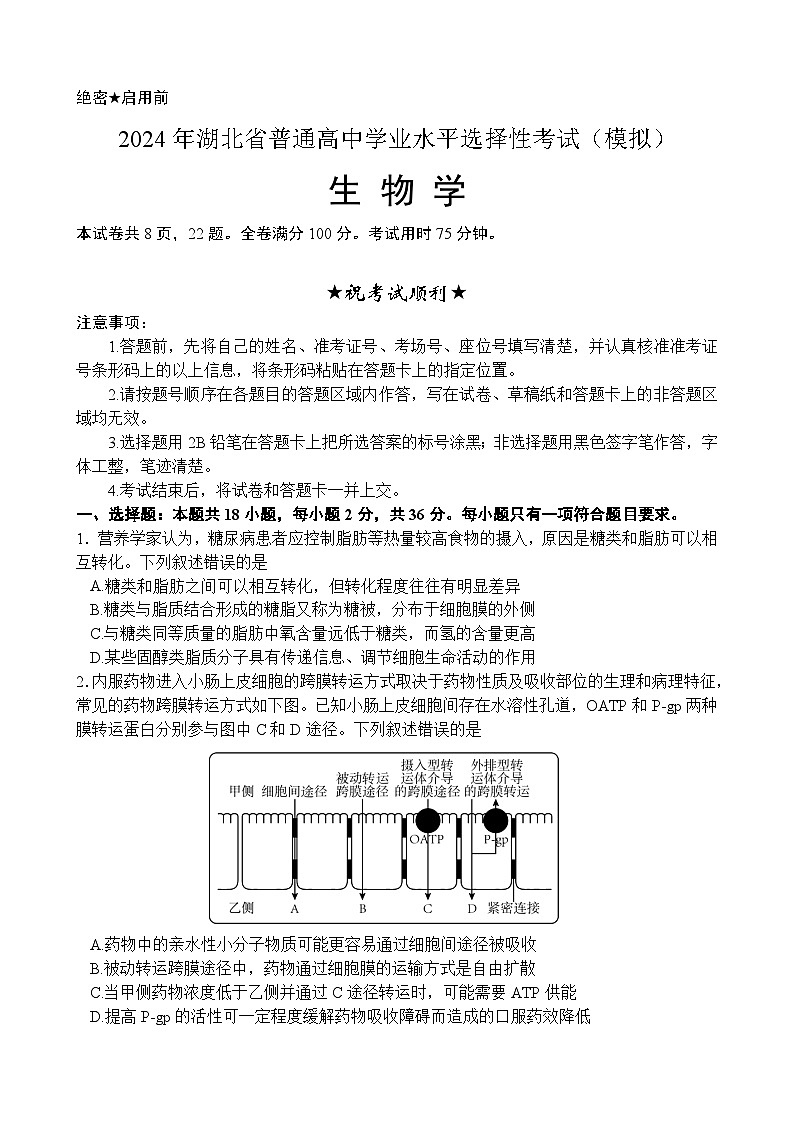 湖北省荆州中学2024届高三下学期第四次适应性考试生物试题(Word版附解析)01