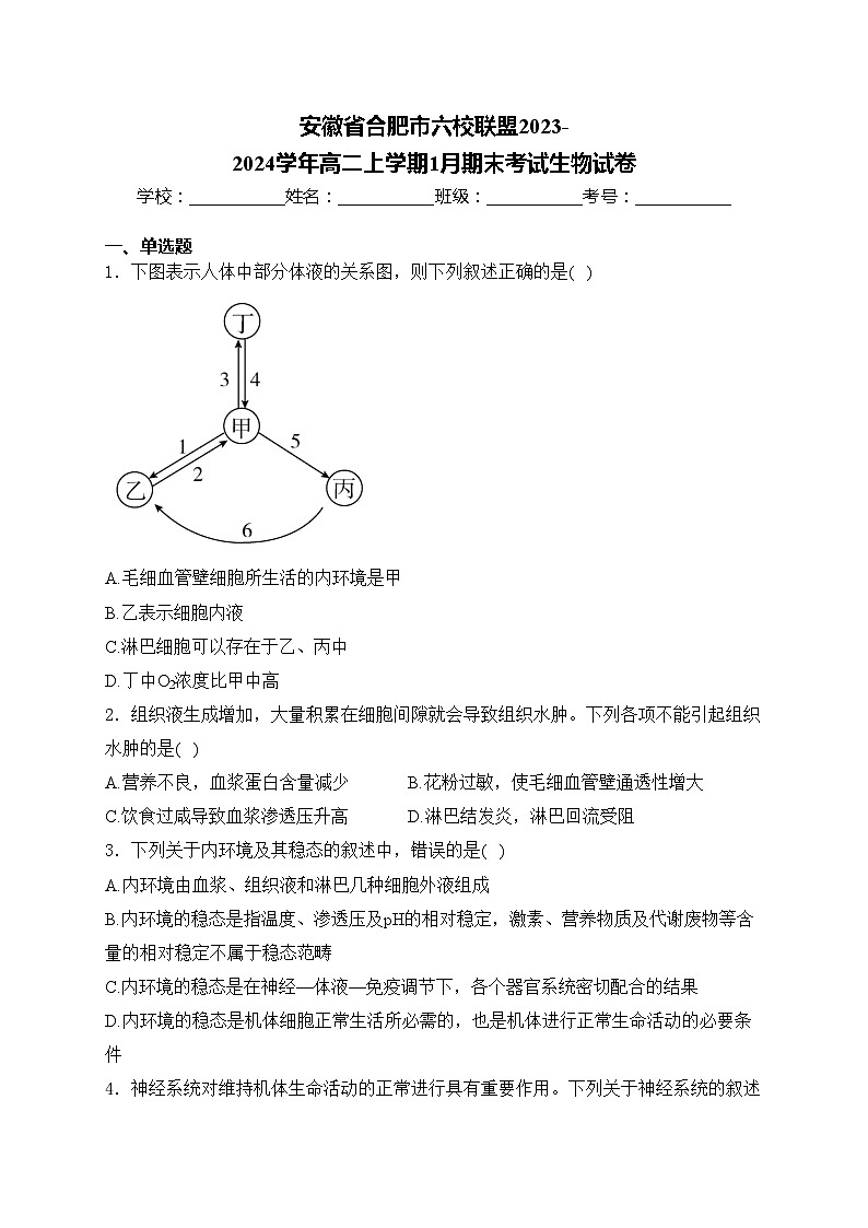 安徽省合肥市六校联盟2023-2024学年高二上学期1月期末考试生物试卷(含答案)第1页