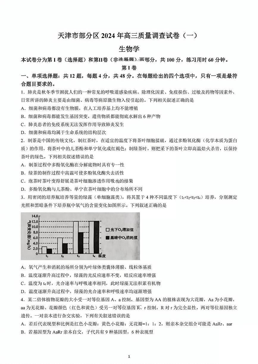 天津市部分區(qū)2024年高三一模生物試卷【含答案】第1頁(yè)