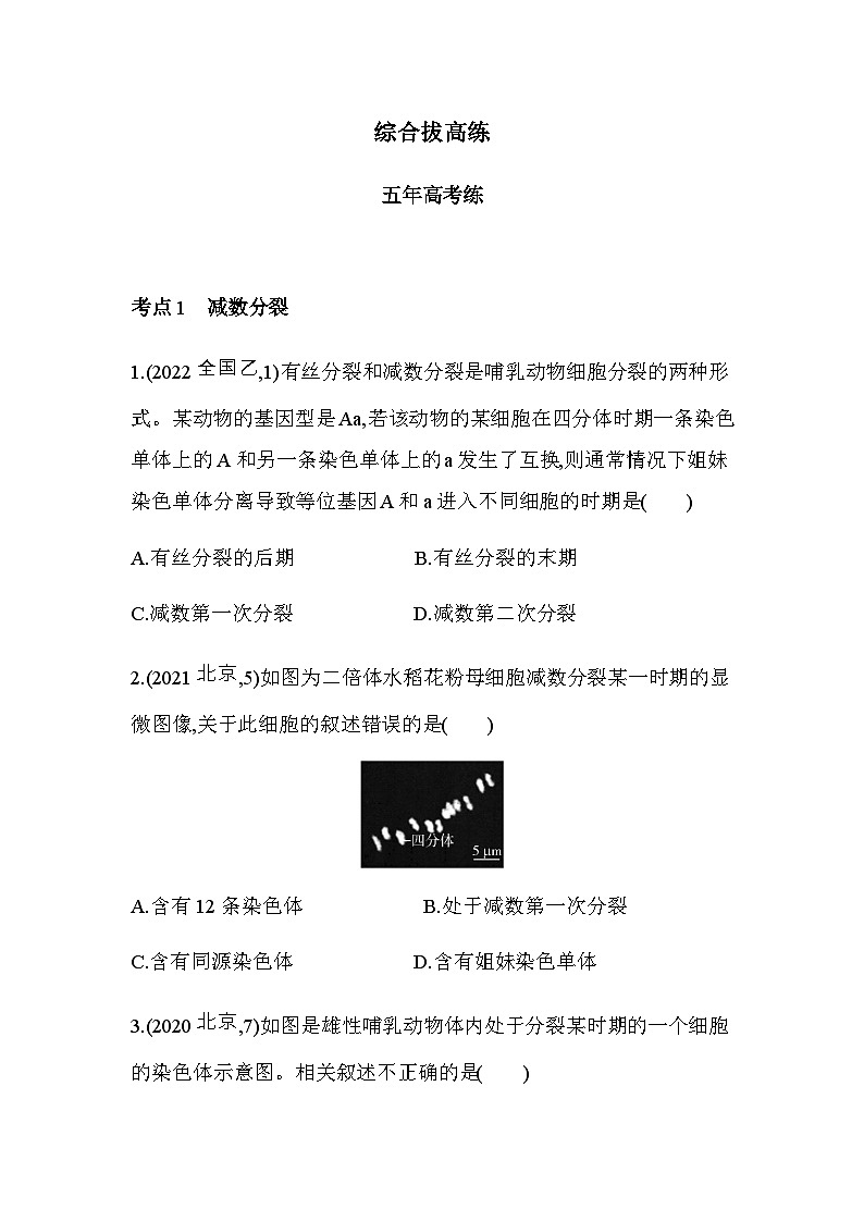 人教版高中生物必修2第2章基因和染色体的关系综合拔高练含答案第1页