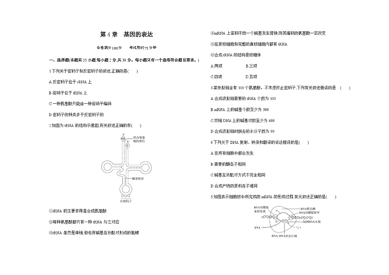 人教版高中生物必修2第4章基因的表达检测含答案01