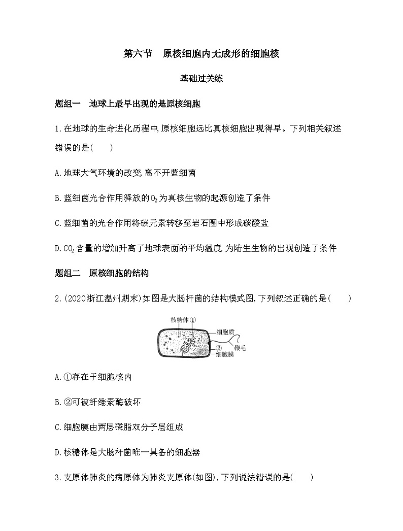 浙科版高中生物必修1第二章细胞的结构第六节原核细胞内无成形的细胞核练习含答案01