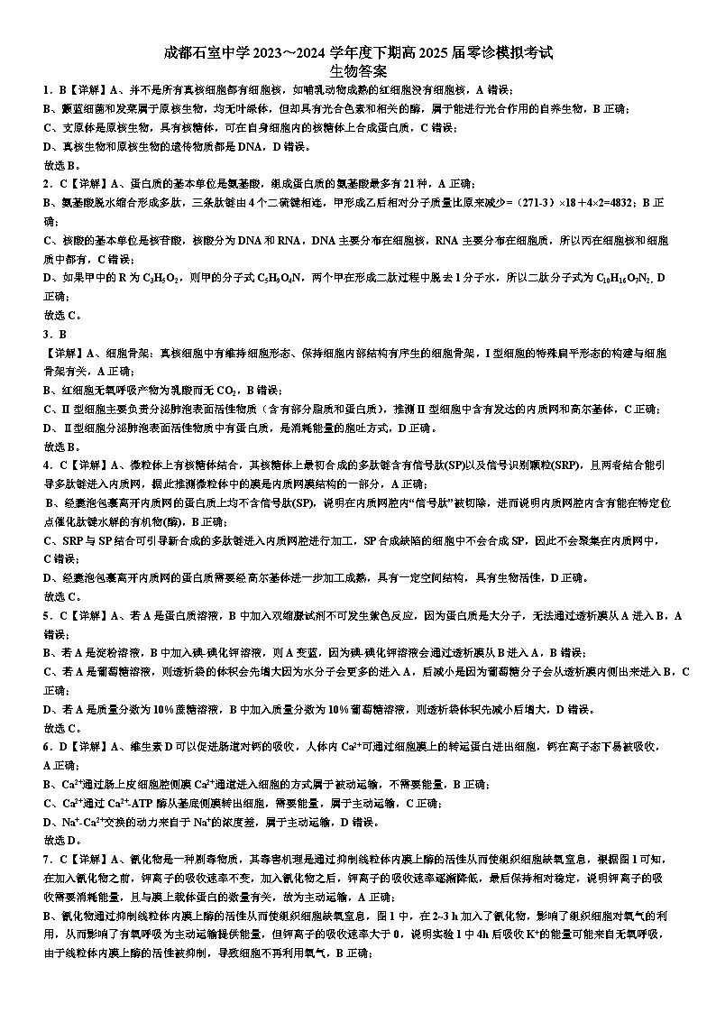 成都石室中学2023-2024学年度下期高2025届零诊模拟考试生物答案第1页