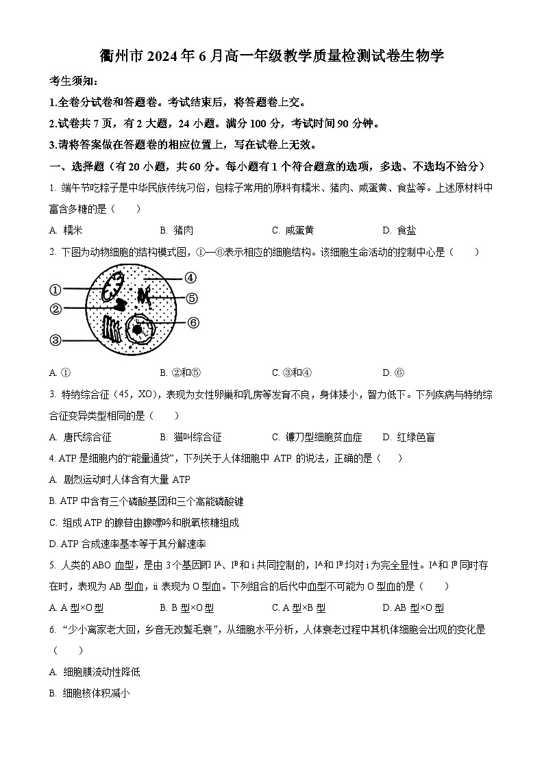 浙江省衢州市2023-2024学年高一下学期6月期末生物试题(Word版附解析)01