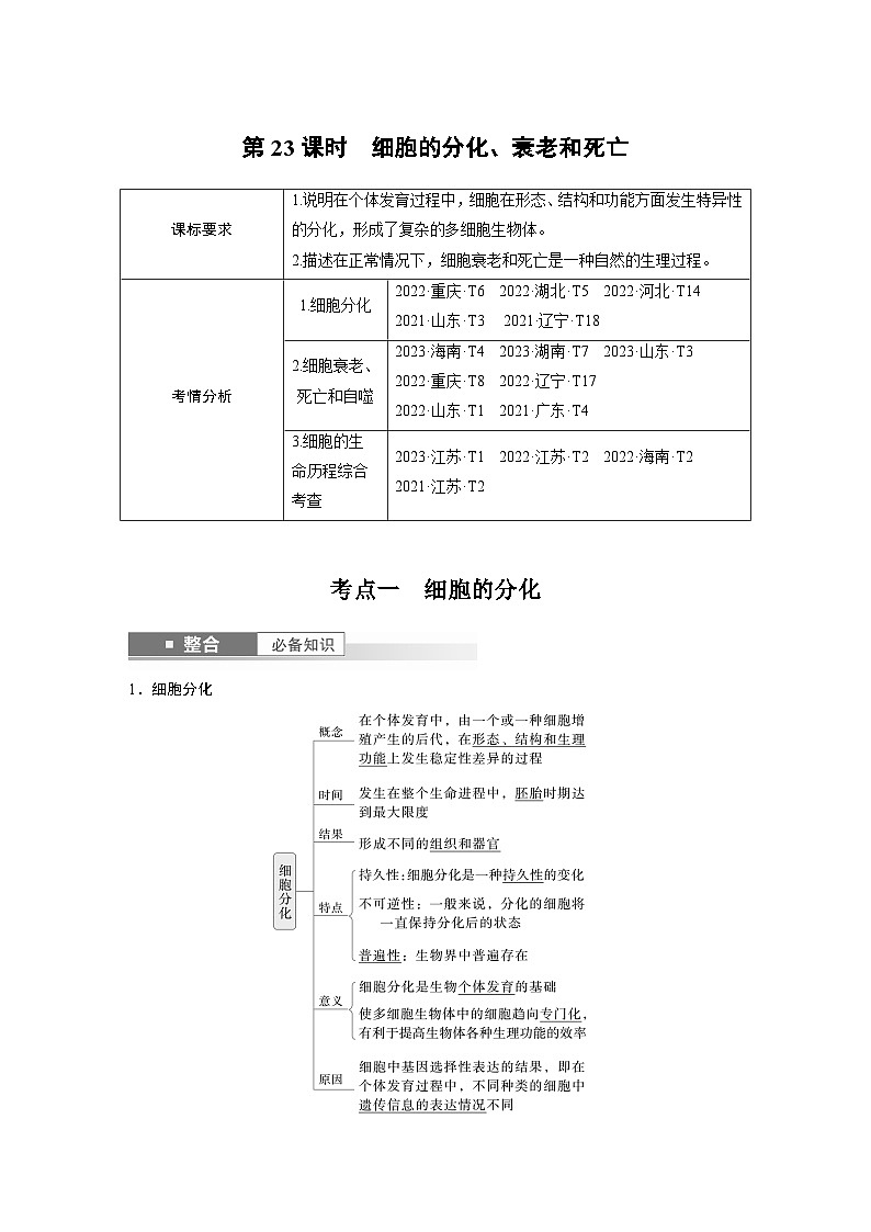 第四单元 第23课时 细胞的分化、衰老和死亡(教师版)第1页