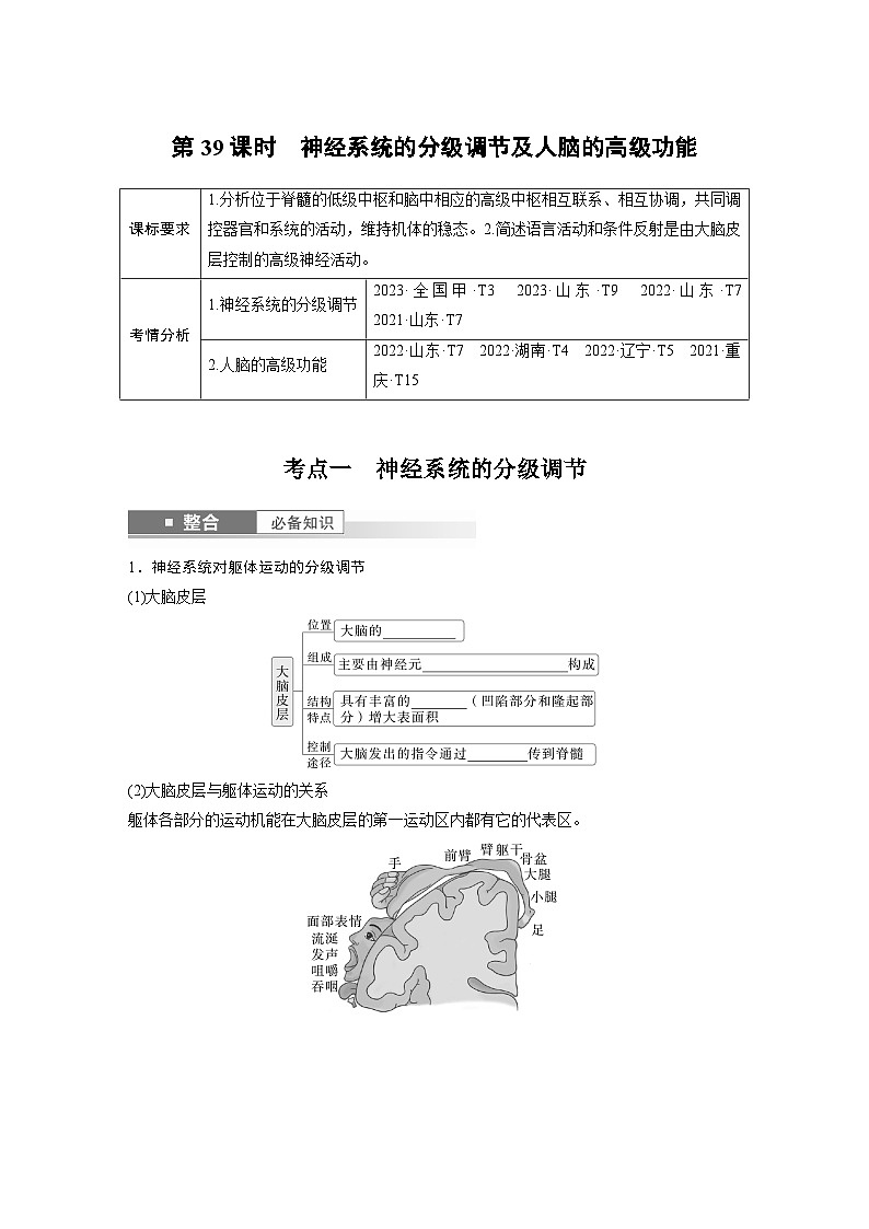 第八单元 第39课时 神经系统的分级调节及人脑的高级功能(学生版)第1页