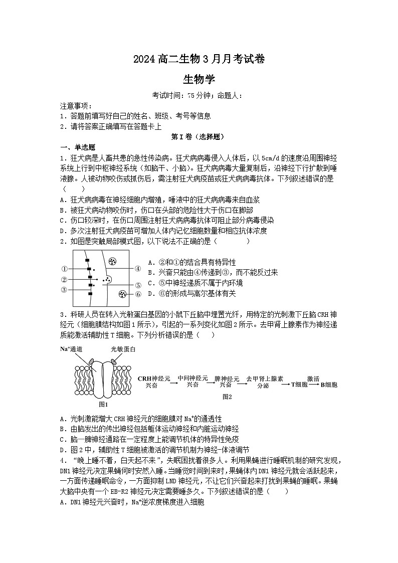重庆市巴渝学校2023-2024学年高二下学期3月月考生物试题第1页