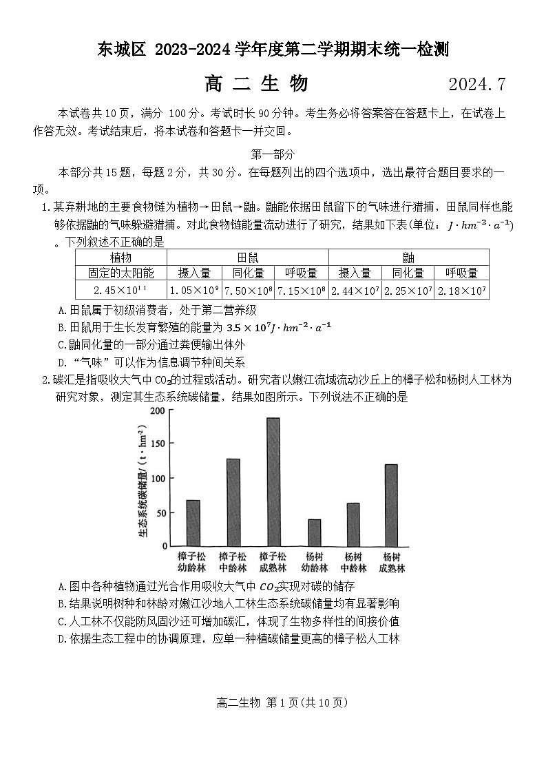 北京市东城区2023-2024学年高二下学期期末考试生物试题01