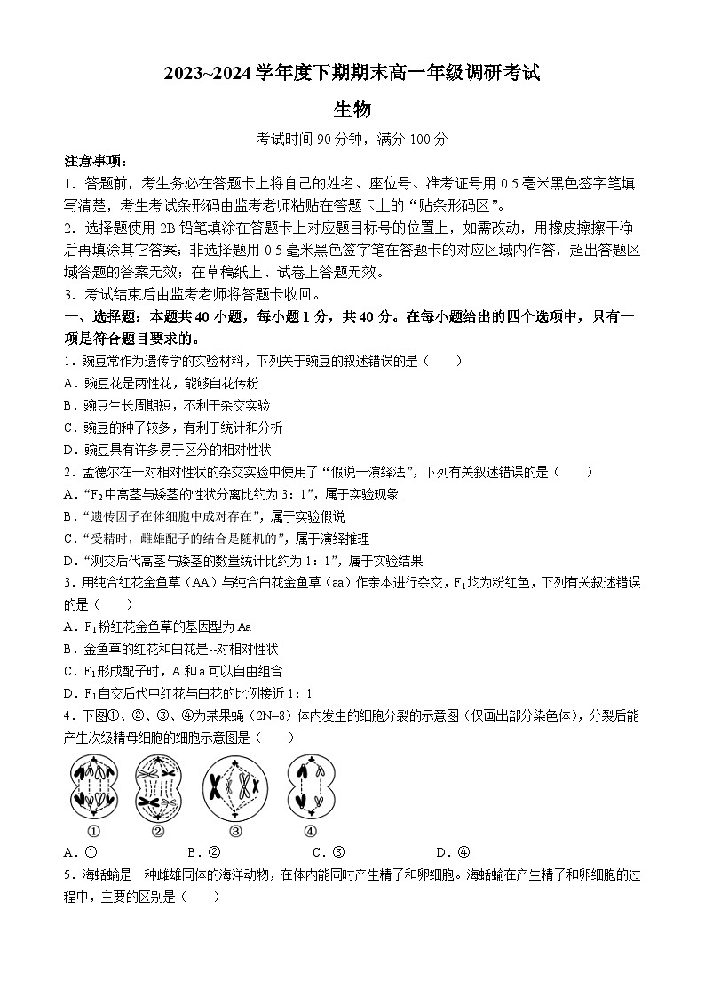 四川省成都市九县区2023~2024学年高一下期期末调研考试生物试题第1页