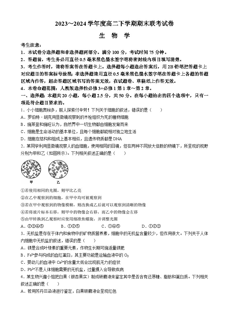 河南省商丘市商师联盟2023-2024学年高二下学期7月期末生物试题01
