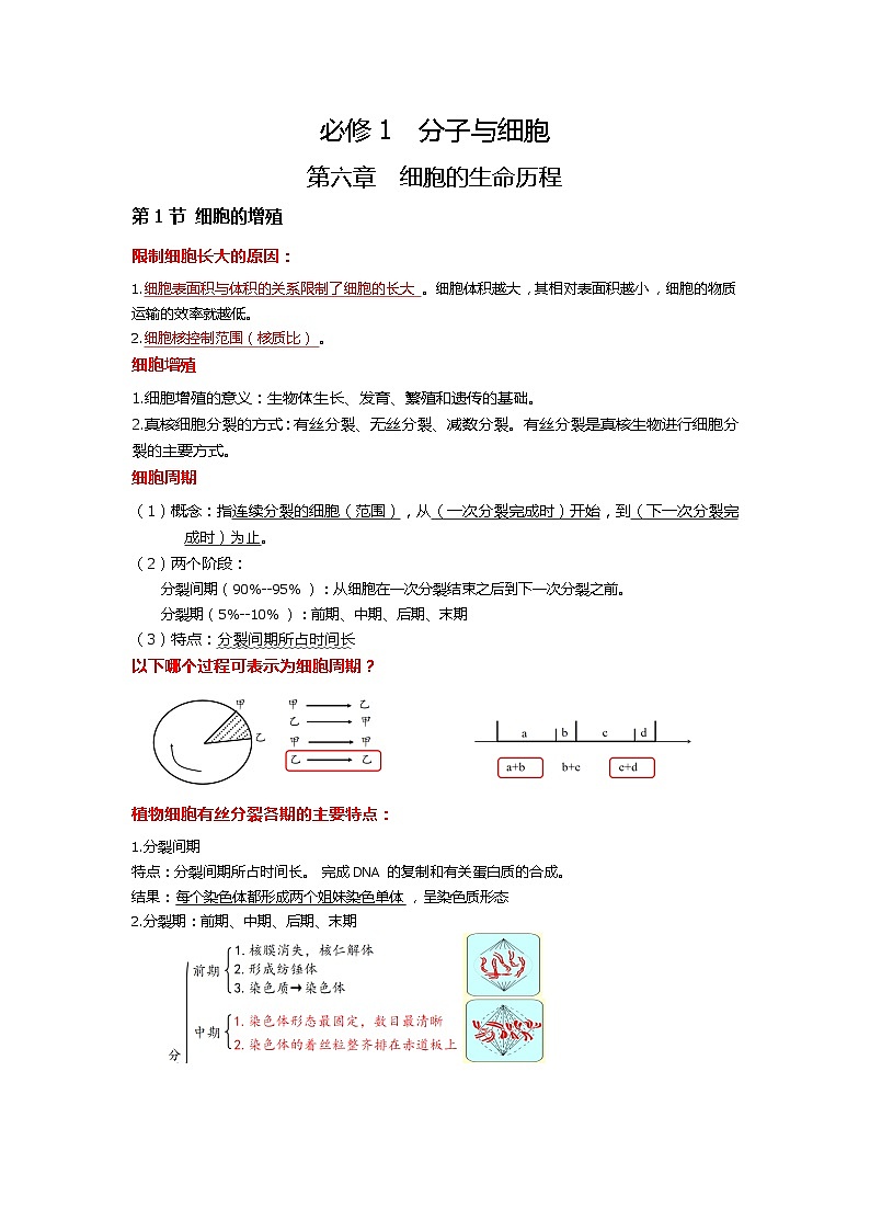 新人教版 高一 生物必修一 第六章 第一节 细胞的增殖 知识清单第1页