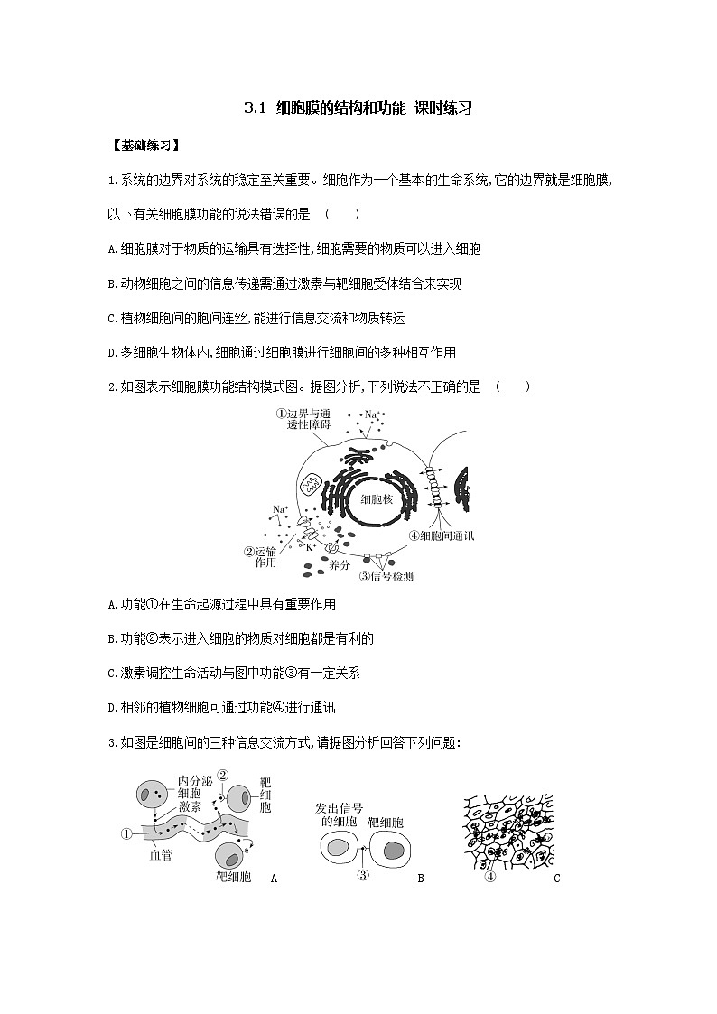新人教版 高一 生物必修一 第三章 第一节 细胞膜的结构和功能 课时练(含答案)第1页