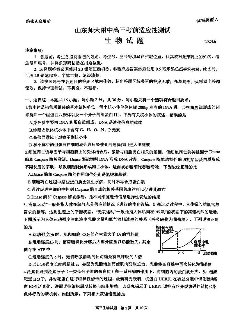 生物-2024届山东师范大学附属中学高三下学期考前适应性测试试题及答案第1页