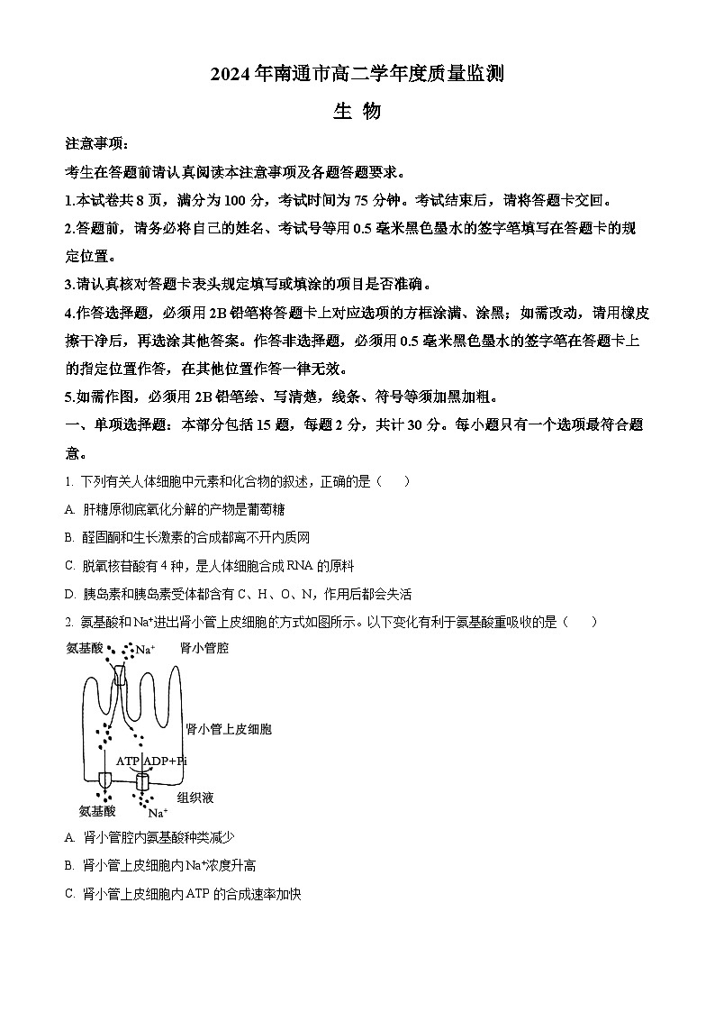 2024南通高二下学期6月期末考试生物含解析第1页