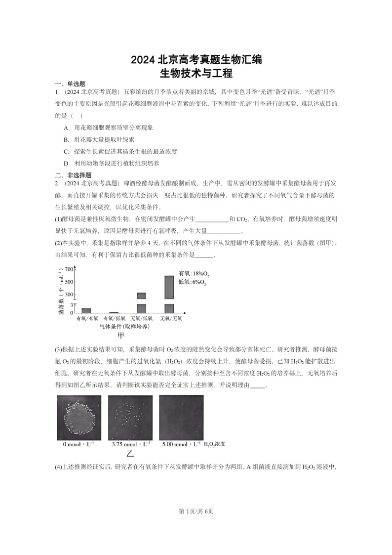 [生物]2024北京高考真题生物分类汇编：生物技术与工程