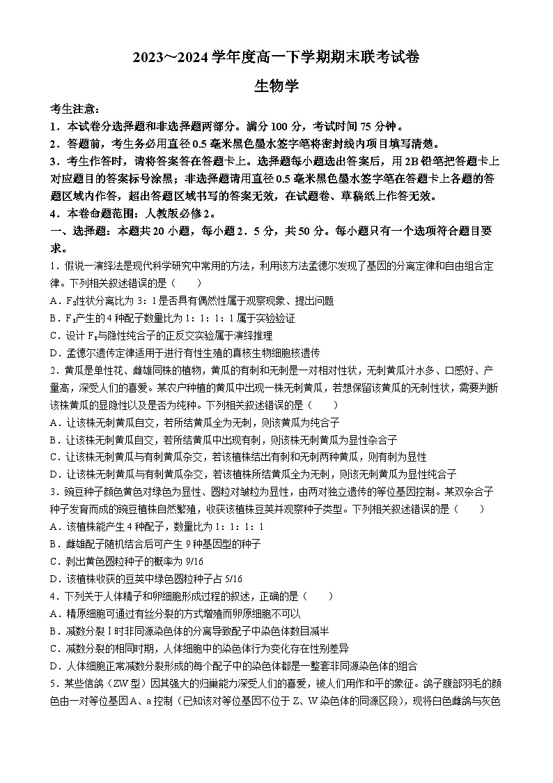河南省商丘市商师联盟2023-2024学年高一下学期7月期末考试生物试题(Word版附解析)第1页