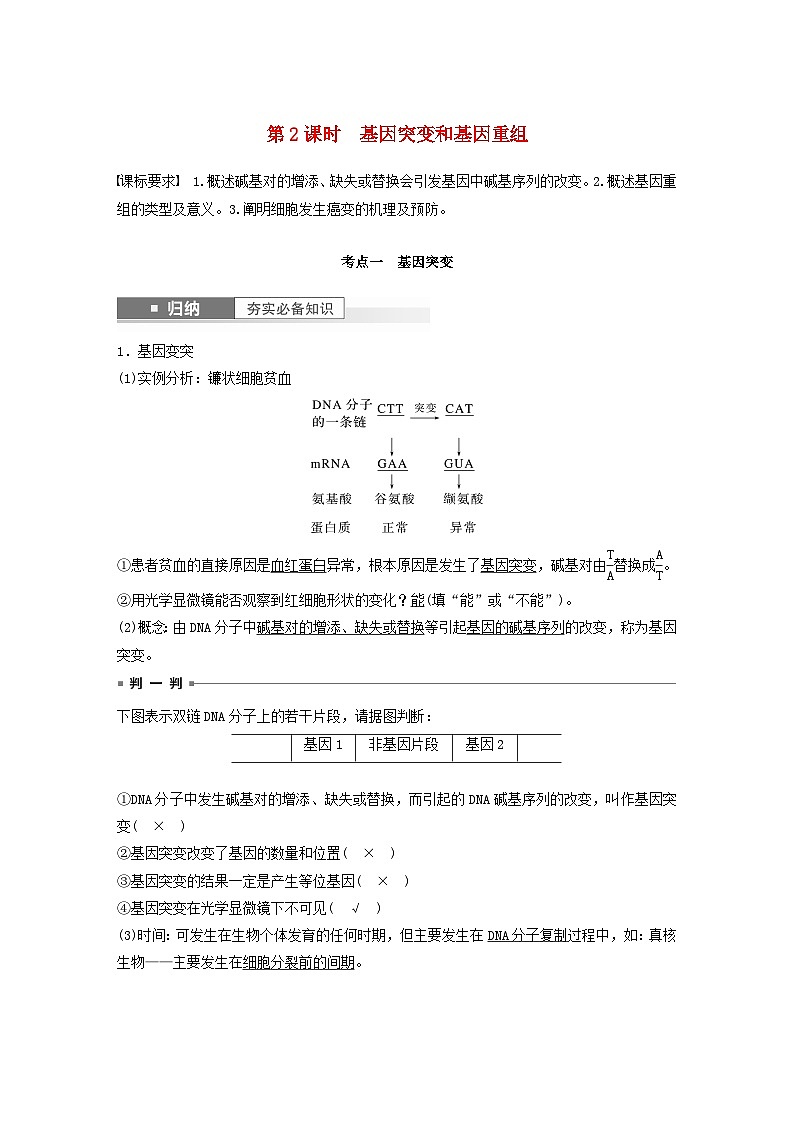 2024届高考生物一轮复习教案第七单元生物的变异和进化第2课时基因突变和基因重组(苏教版)第1页