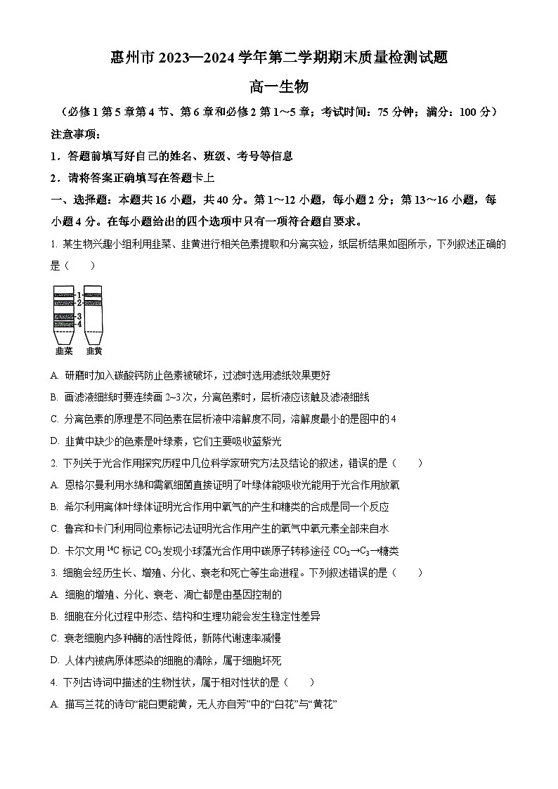 广东省惠州市2023-2024学年高一下学期期末考试生物试题(Word版附解析)01
