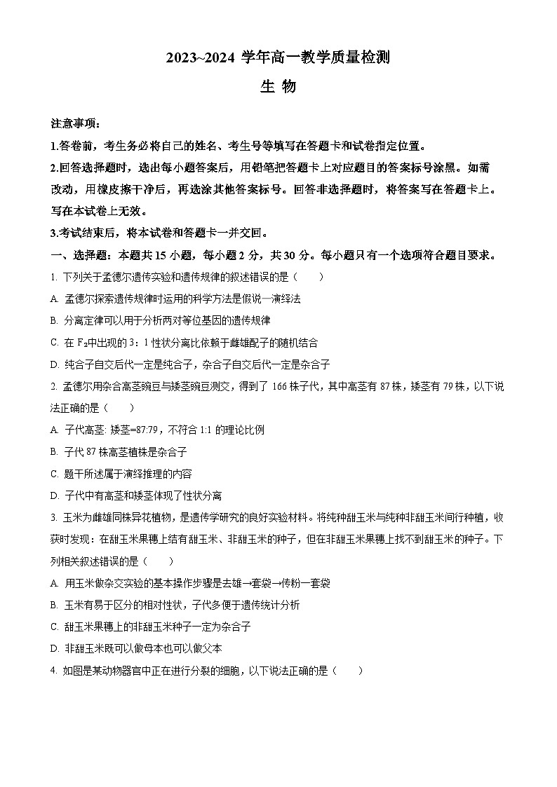 2024枣庄高一下学期7月期末考试生物含解析01