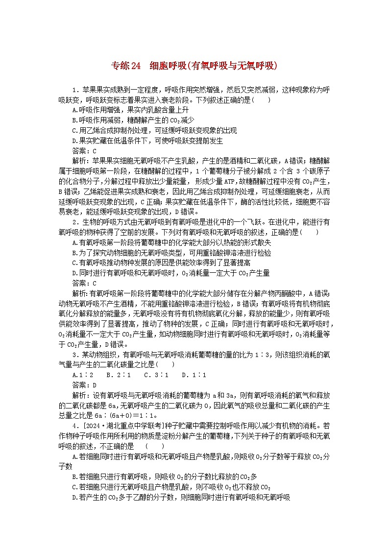 2025版高考生物一轮复习微专题小练习专练24细胞呼吸有氧呼吸与无氧呼吸01