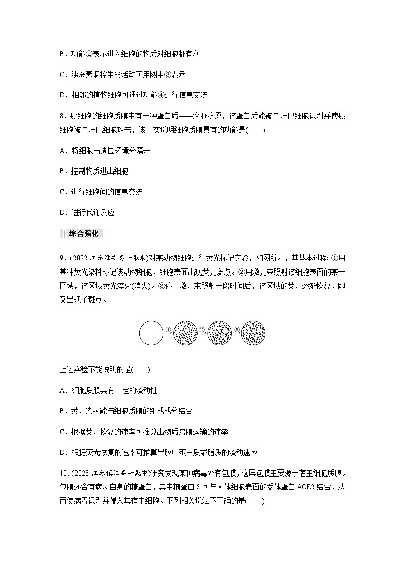 第2章 第2節(jié) 第1課時(shí)　細(xì)胞質(zhì)膜將細(xì)胞與外界環(huán)境分開  課時(shí)練（含答案）高中生物必修1（蘇教版2019）第3頁
