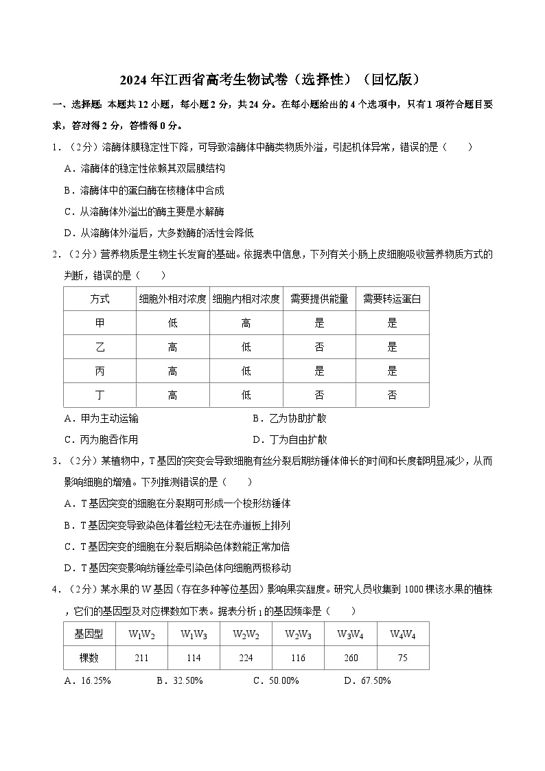 2024年江西省高考生物试卷含答案（选择性）（回忆版）