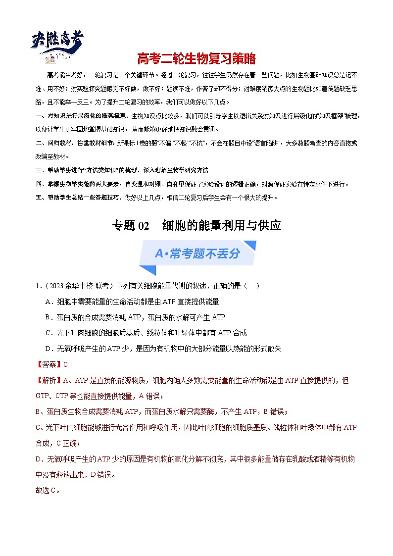 专题02 细胞的能量利用与供应(分层练)(解析版)第1页