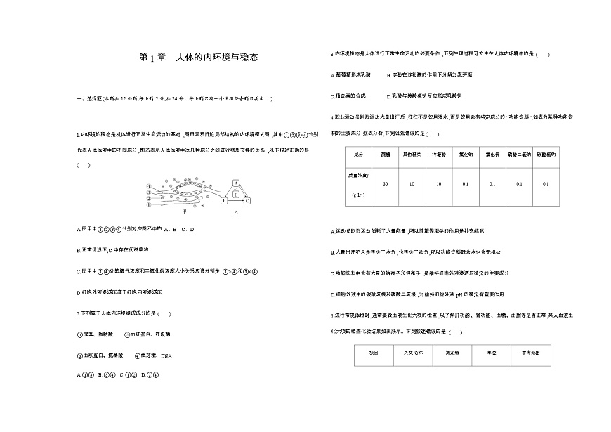 人教版高中生物選擇性必修1穩(wěn)態(tài)與調(diào)節(jié)第1章人體的內(nèi)環(huán)境與穩(wěn)態(tài)檢測含答案第1頁
