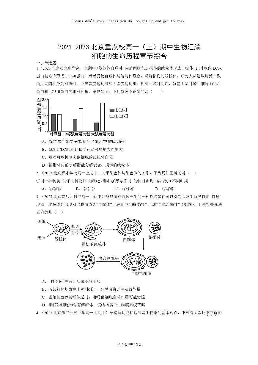 [生物]2021～2023北京重點(diǎn)校高一上學(xué)期期中生物真題分類匯編：細(xì)胞的生命歷程章節(jié)綜合第1頁