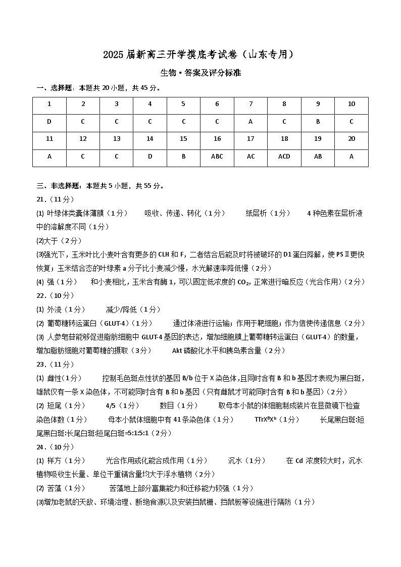 生物(山东专用)(答案及评分标准)第1页