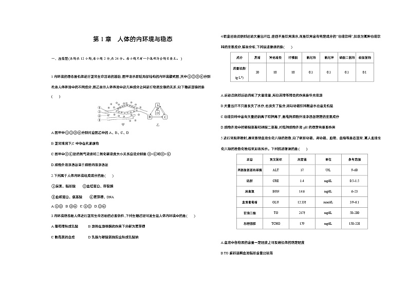 高中生物人教版 (2019)选择性必修1第1章人体的内环境与稳态测试卷(Word版附解析)第1页
