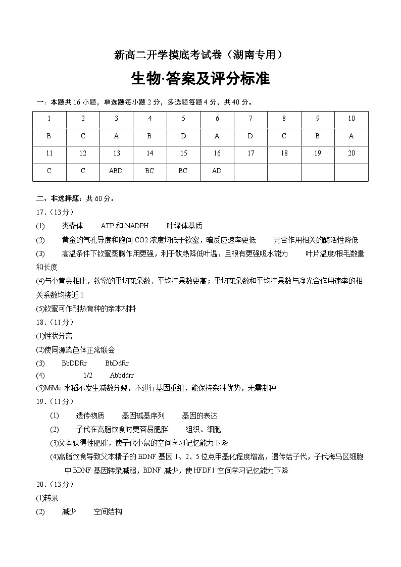 【开学考】2024秋高二上册开学摸底考试卷高二上册开学摸底考试卷生物(湖南专用)01