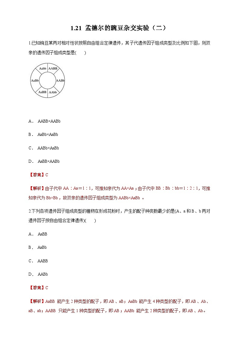 高中生物 人教版 (2019) 必修二1.2.1 孟德尔的豌豆杂交实验(二) 练习(1)-人教版高中生物必修2遗传与进化01