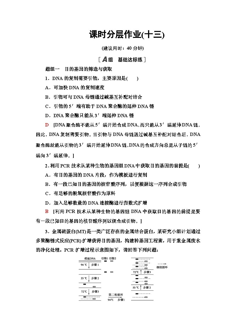13 基因工程的基本操作程序 课后作业【新教材】人教版(2019)高中生物选择性必修3第1页