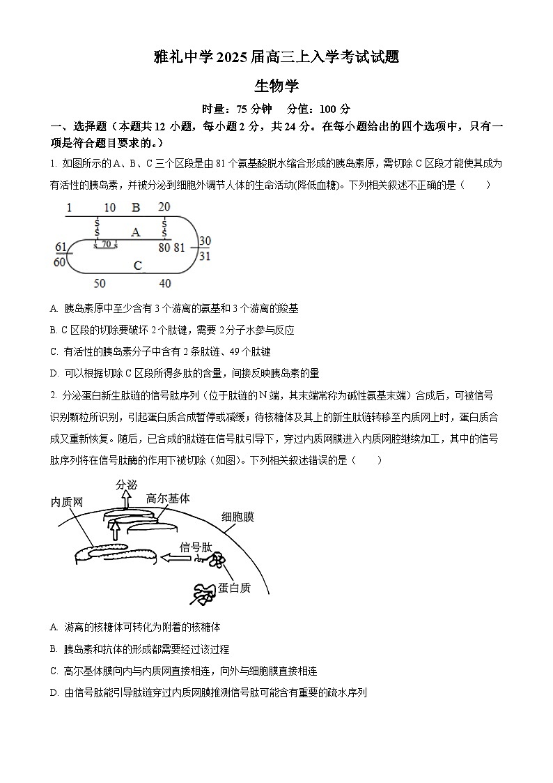 湖南省长沙市雅礼中学2024-2025学年高三上学期入学考试生物试题(原卷版)01